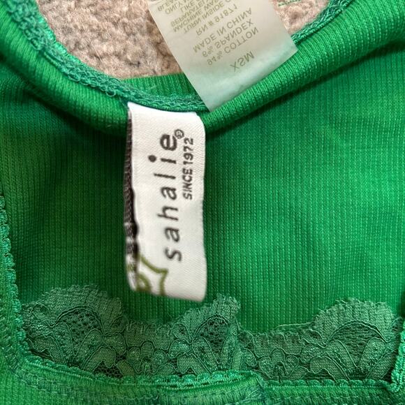 Y2K Sahalie Babydoll Henley Top Green Womens XS Cottage Boho Bella Swan Lace - Picture 5 of 5